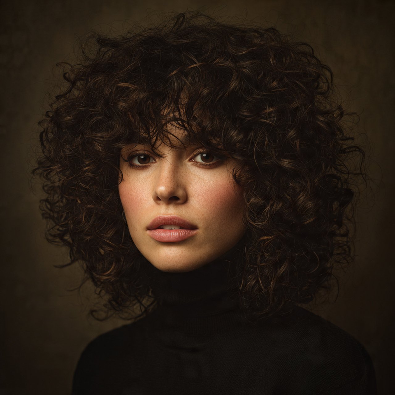 single portrait photo of a woman with curly curtai