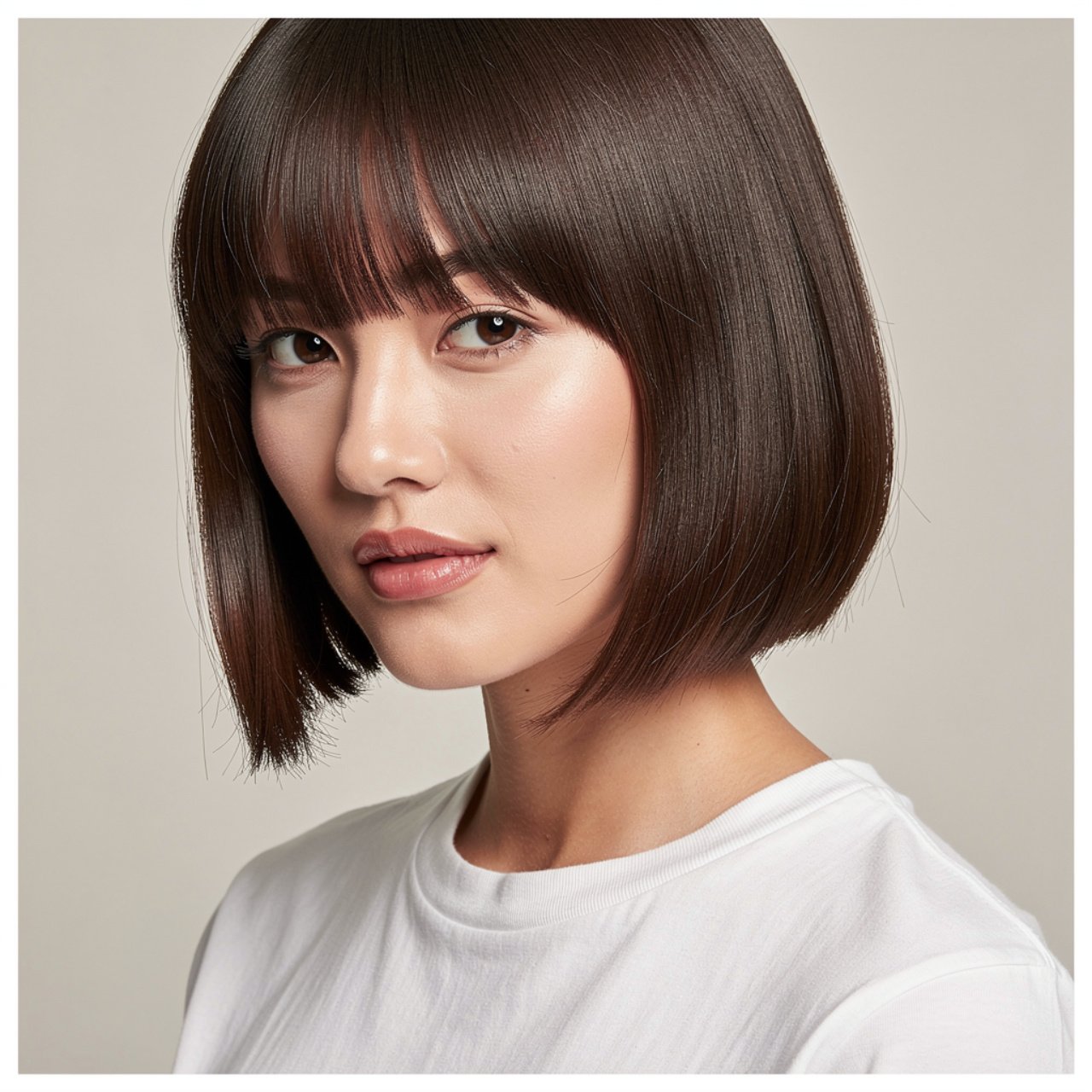 single portrait photo of a woman with curtain bang