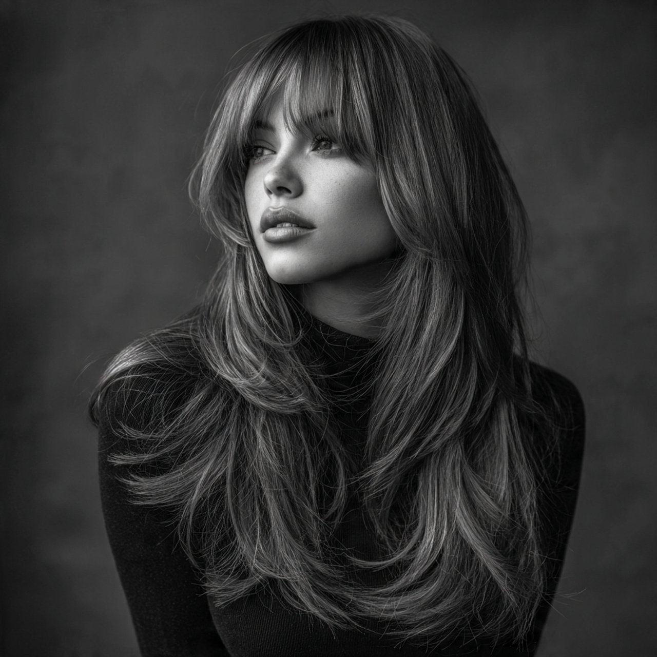 single portrait photo of a woman with long layered