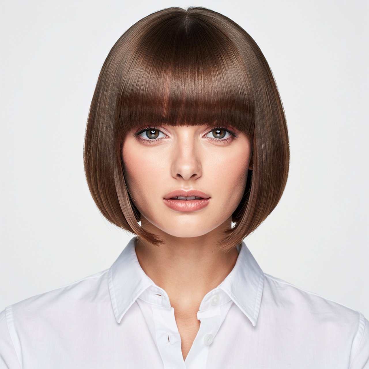 single portrait photo of a woman with sleek curtai