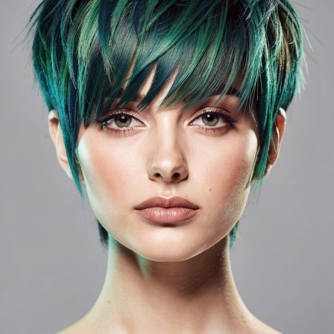 single portrait with face teal blue green hair col