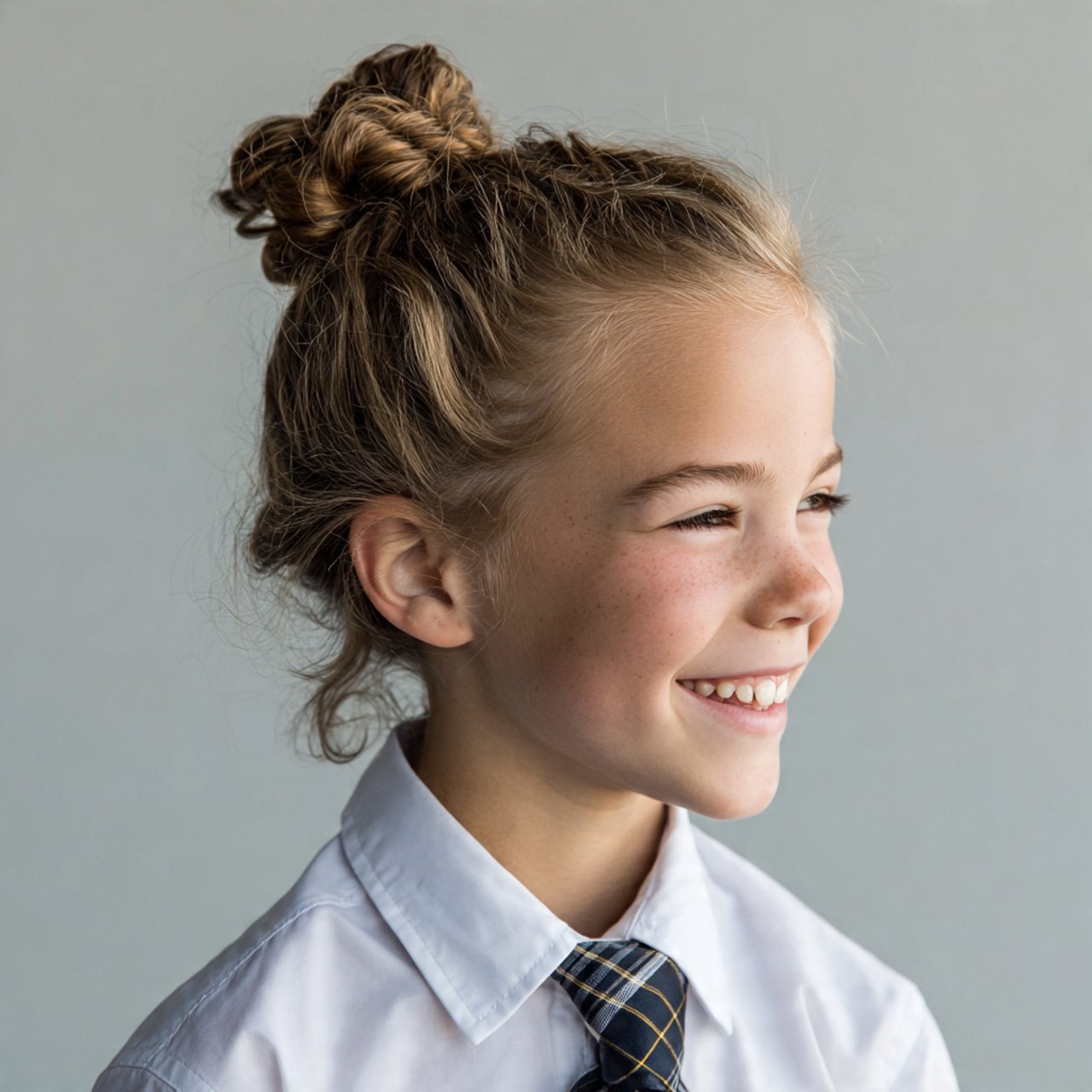single square image of a school girl with a cute m