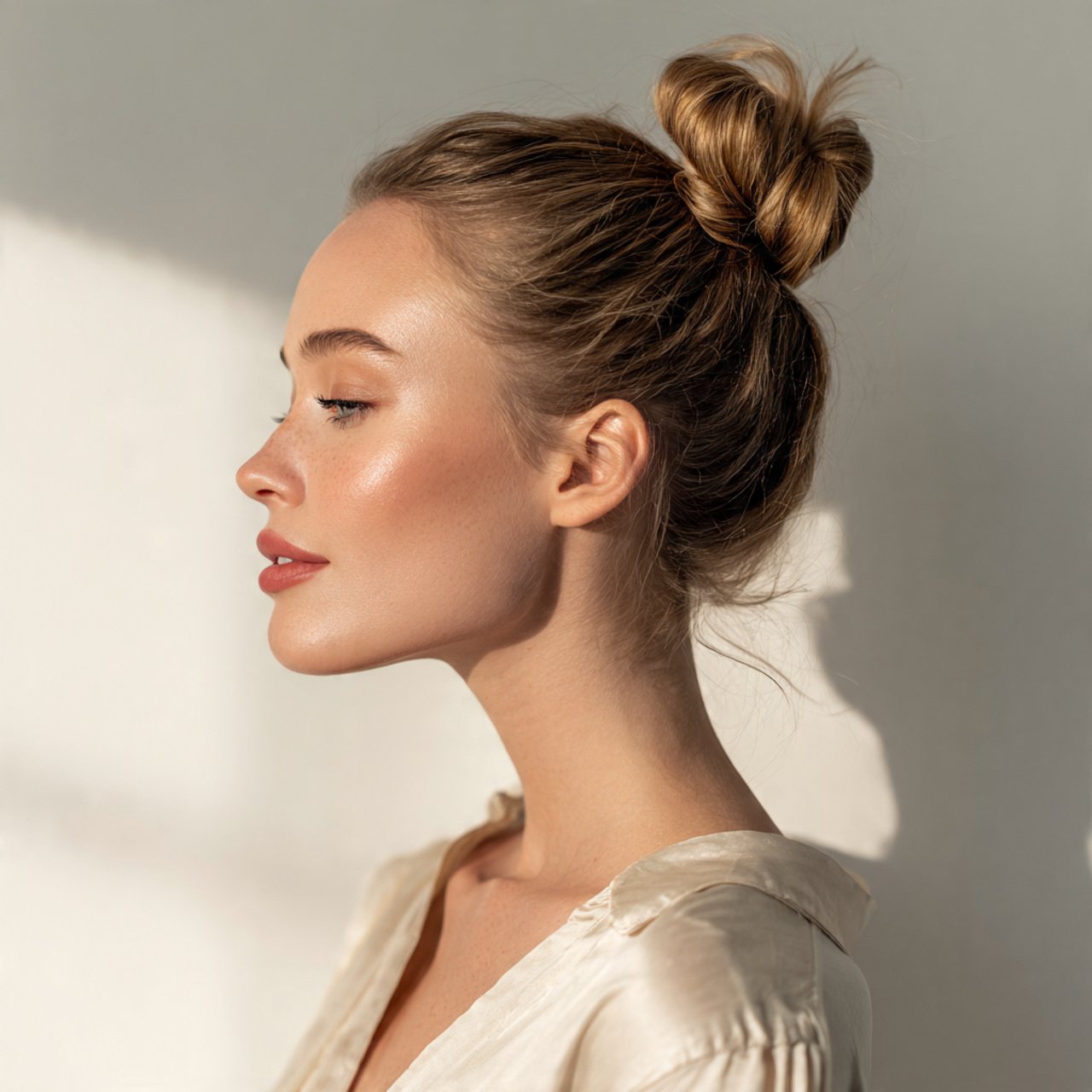 sleek high bun cute summer hairstyle on a young wo