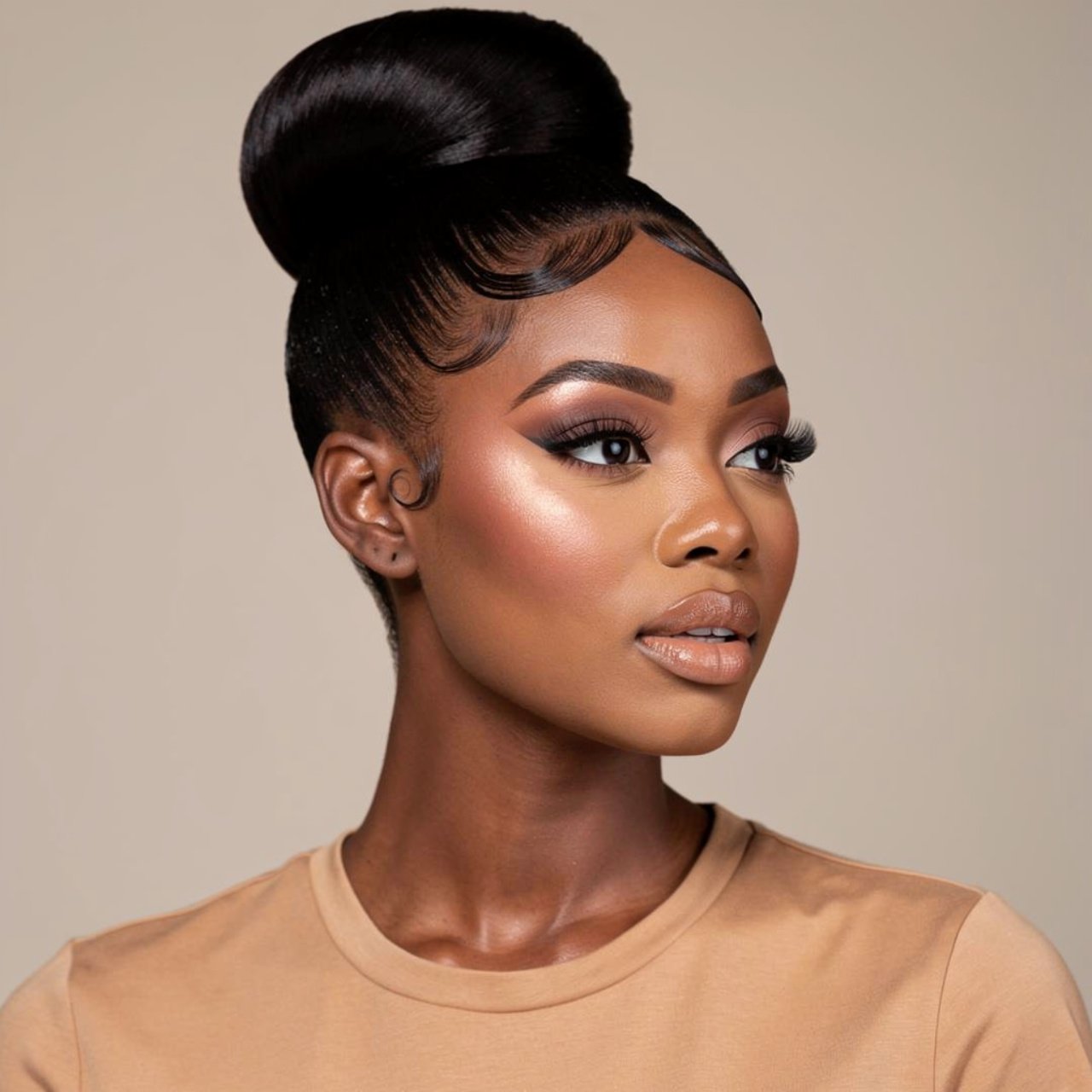 sleek high bun prom hairstyle on a black woman ele