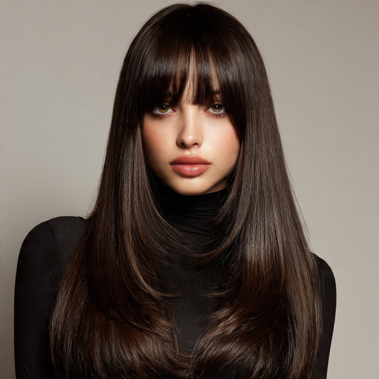 sleek straight curtain bangs with long layers hair