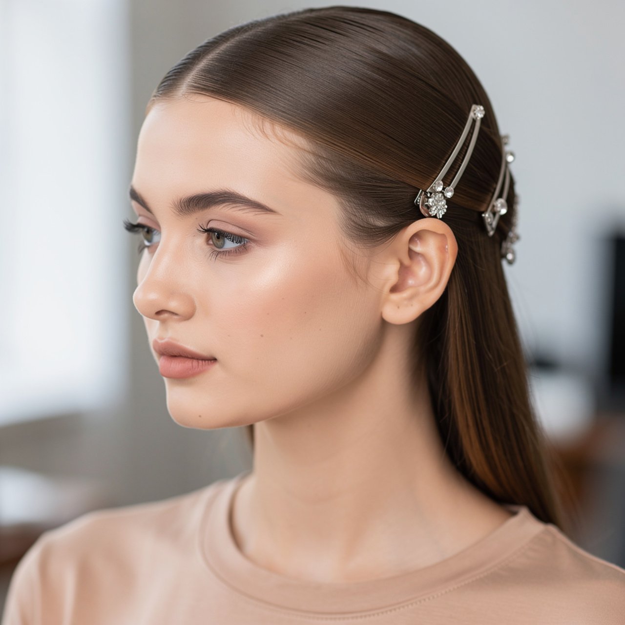 sleek straight cute prom hairstyle with hair clips