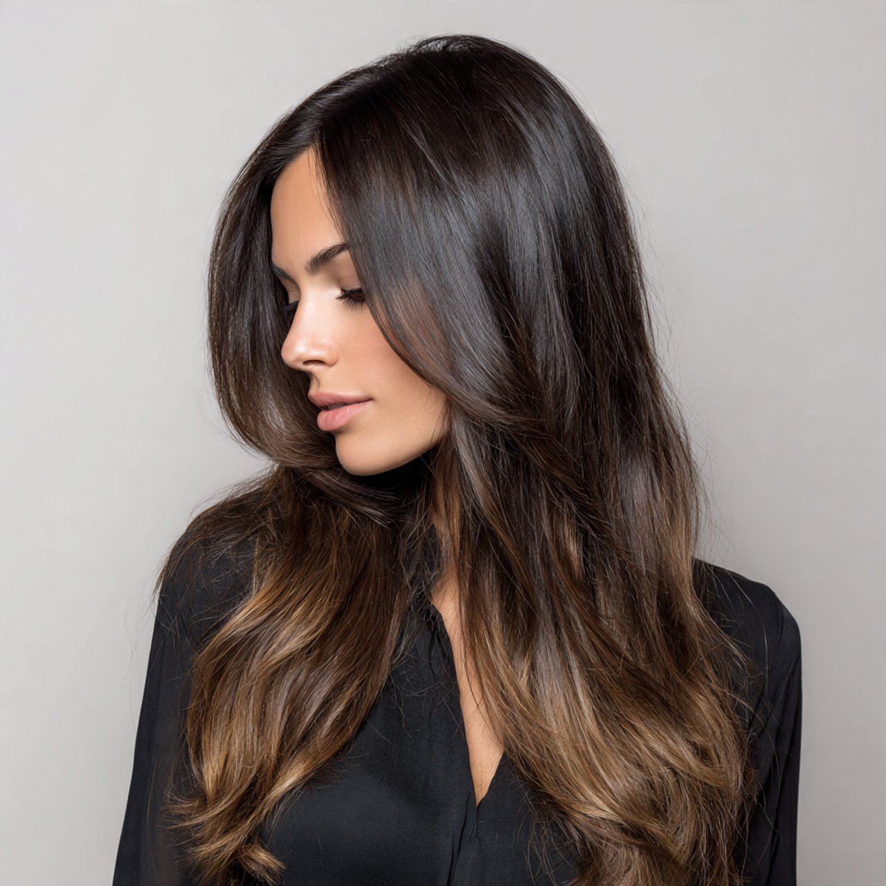 smoky brunette ombre hair color on a brunette woma