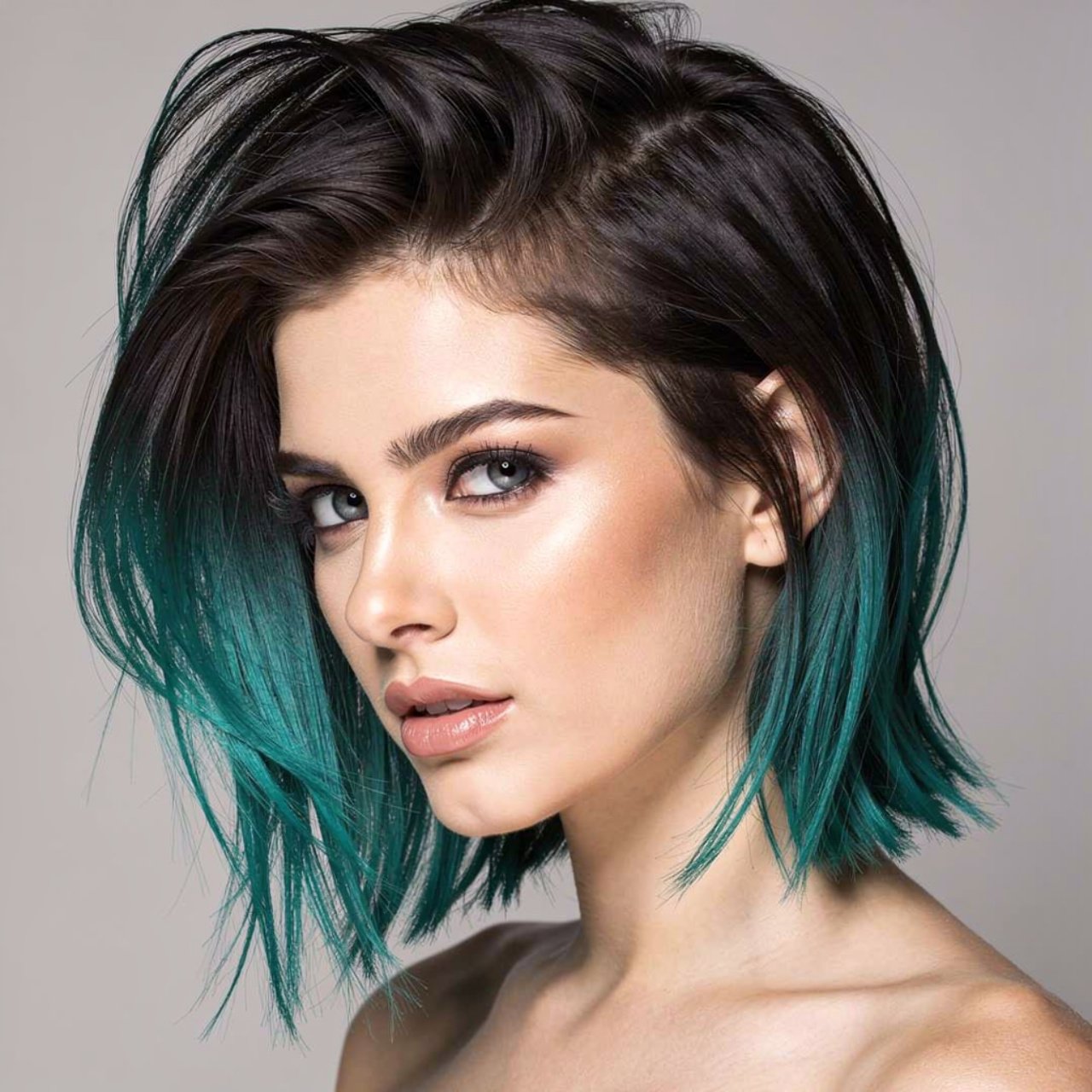 smoky teal shadow root edgy hair color on a person