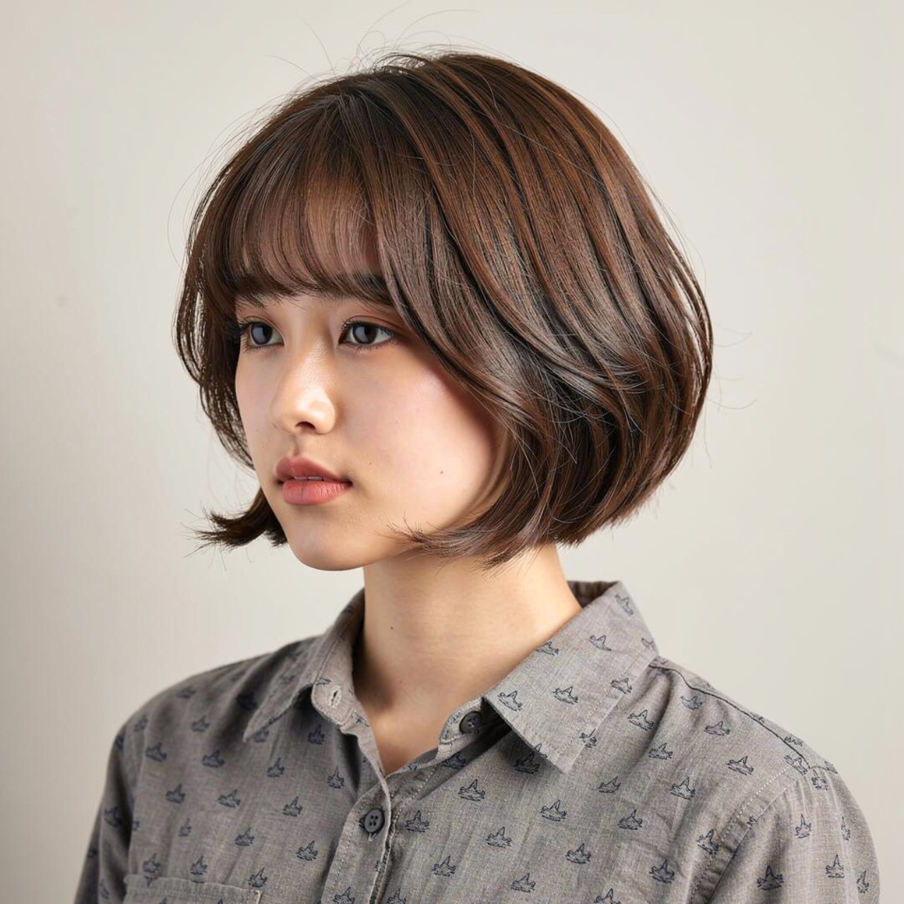 soft curtain bangs short bob hairstyle single port