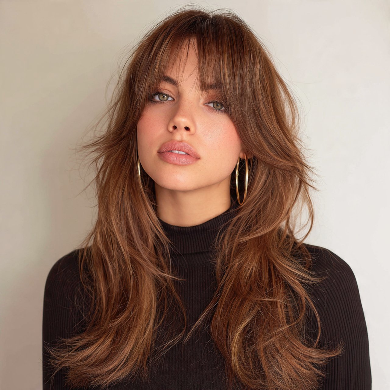 soft layered curtain bangs haircut single portrait