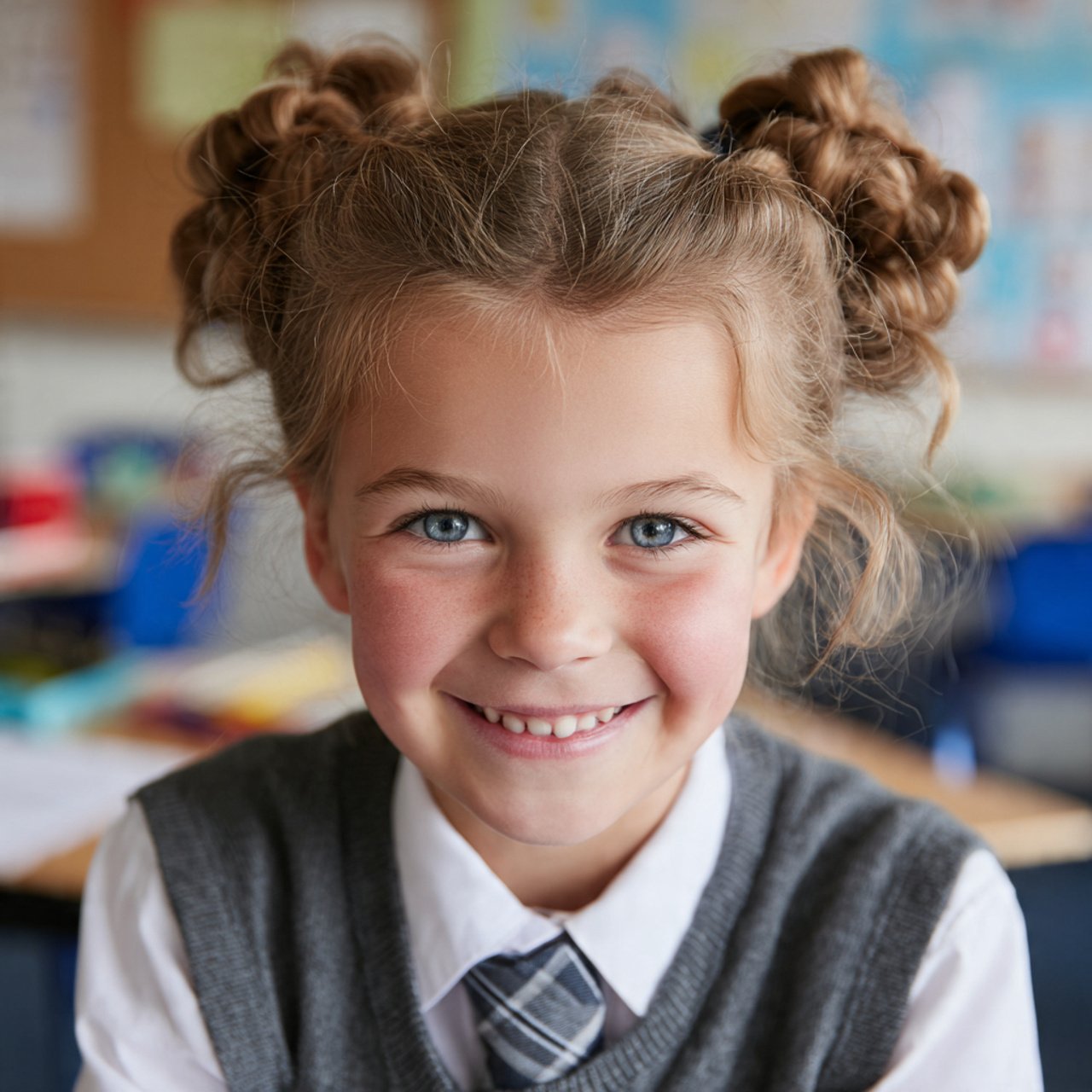 square photo of a school girl with a bubble ponyta