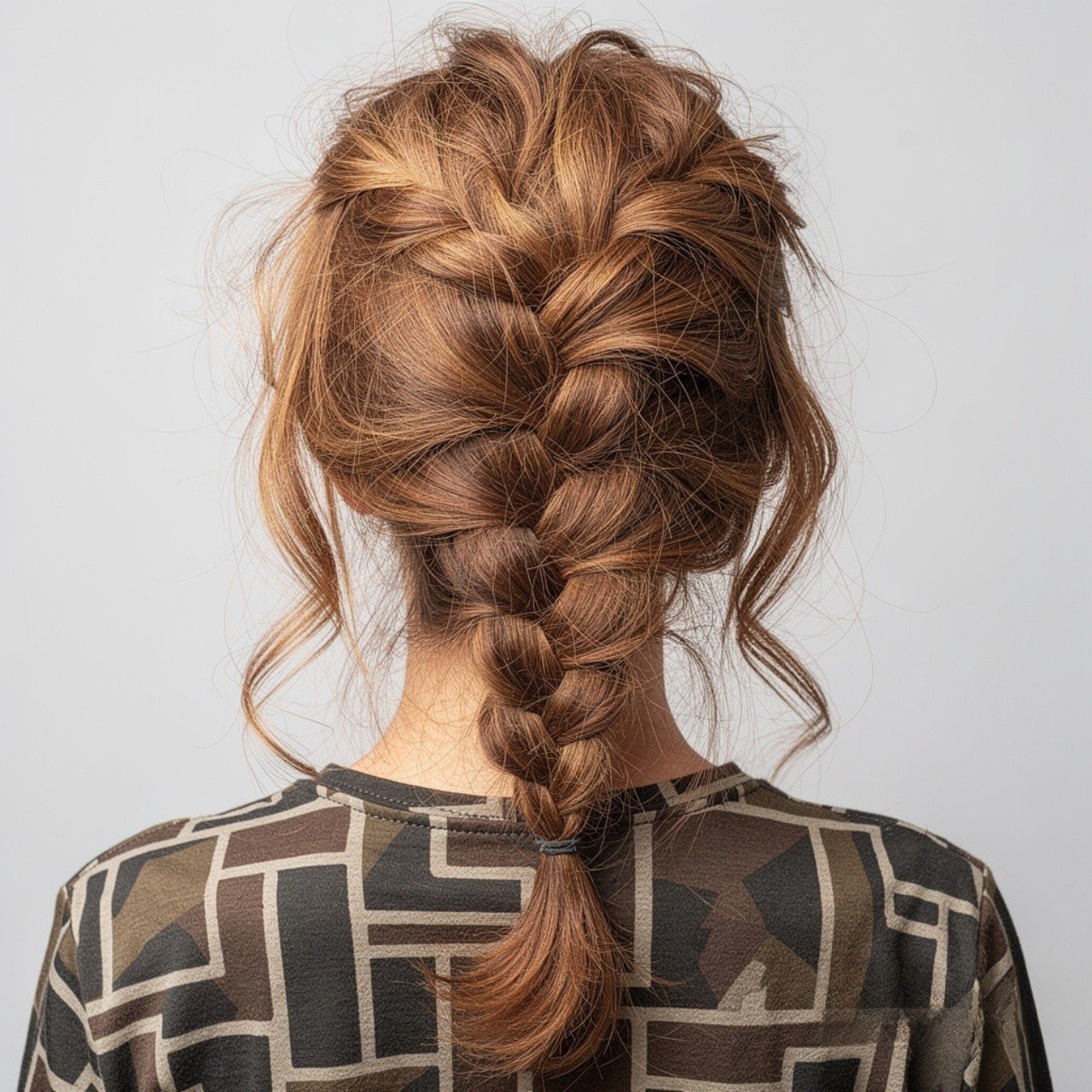 square portrait focusing on hair messy braid ponyt