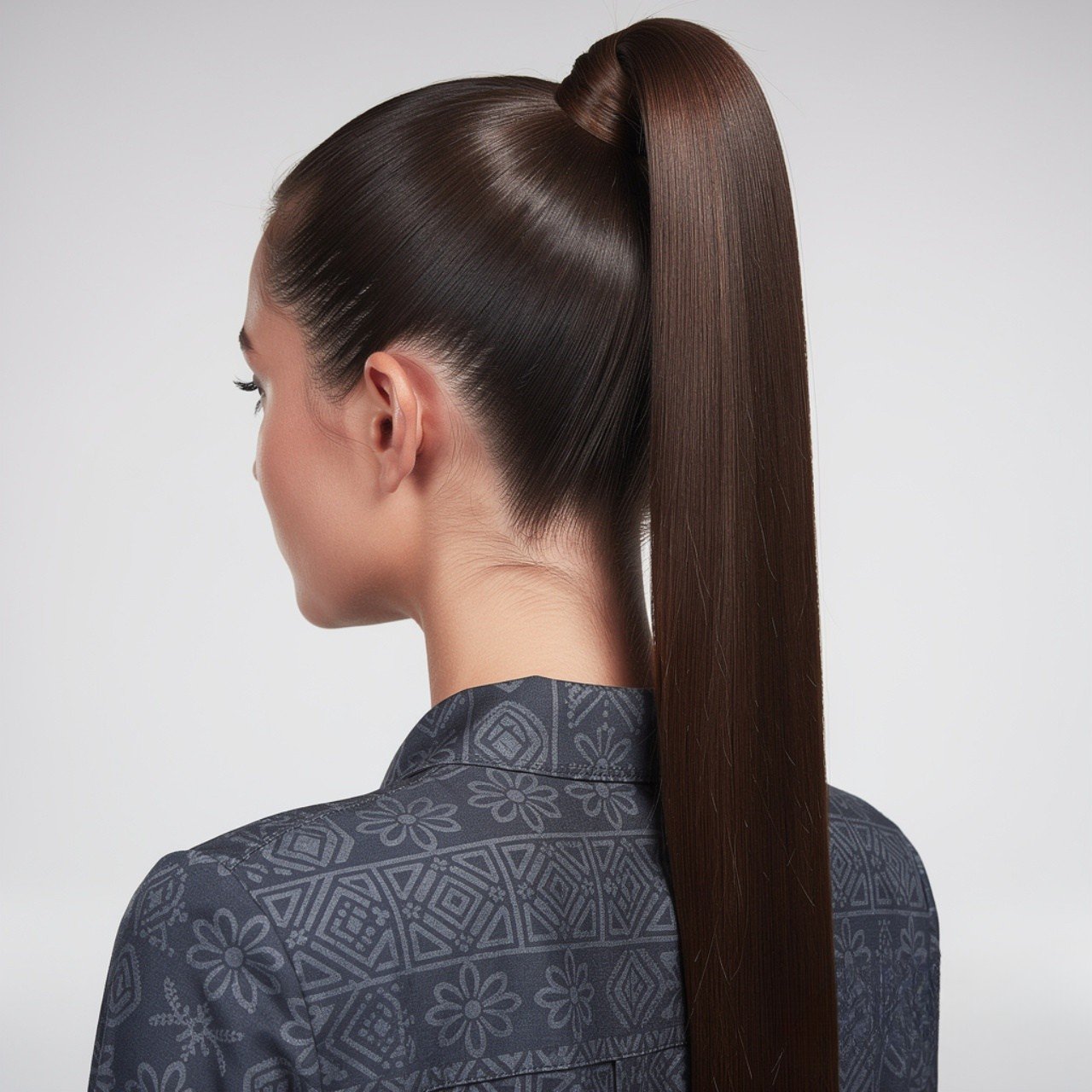 square portrait focusing on hair sleek high long p
