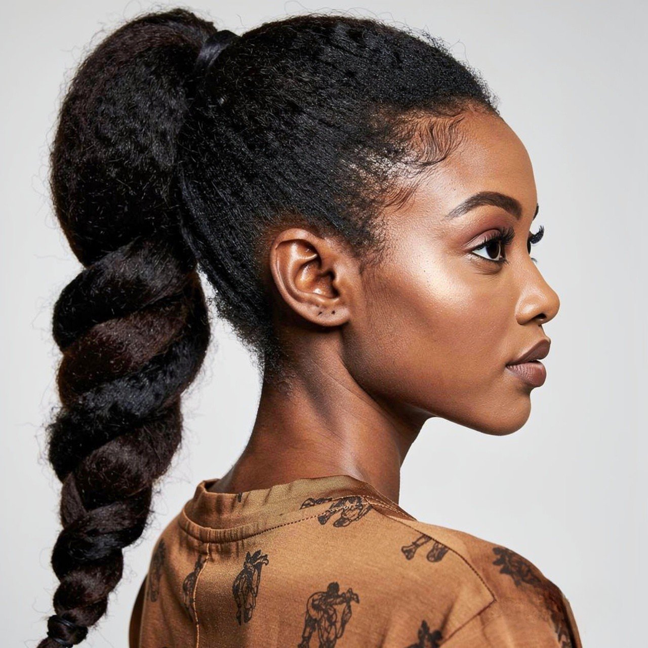 square portrait focusing on twisted ponytail hairs 1