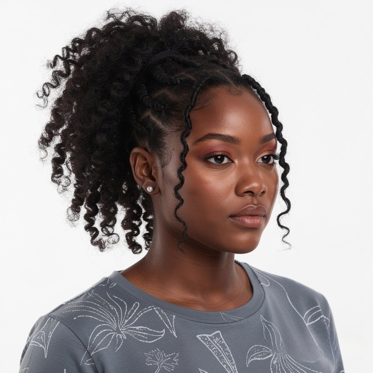square portrait of a black woman with afro ponytai