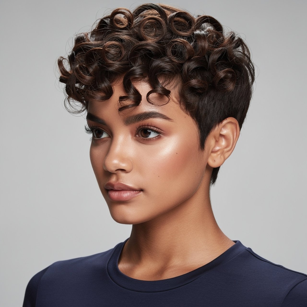 square portrait of a model with a curly pixie shor