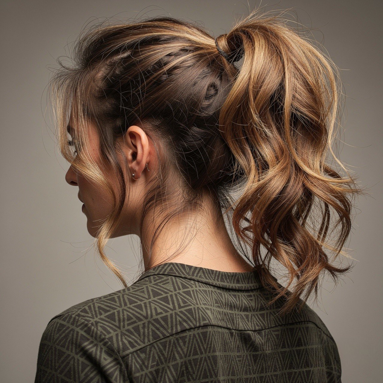 square portrait of a person with a messy long pony