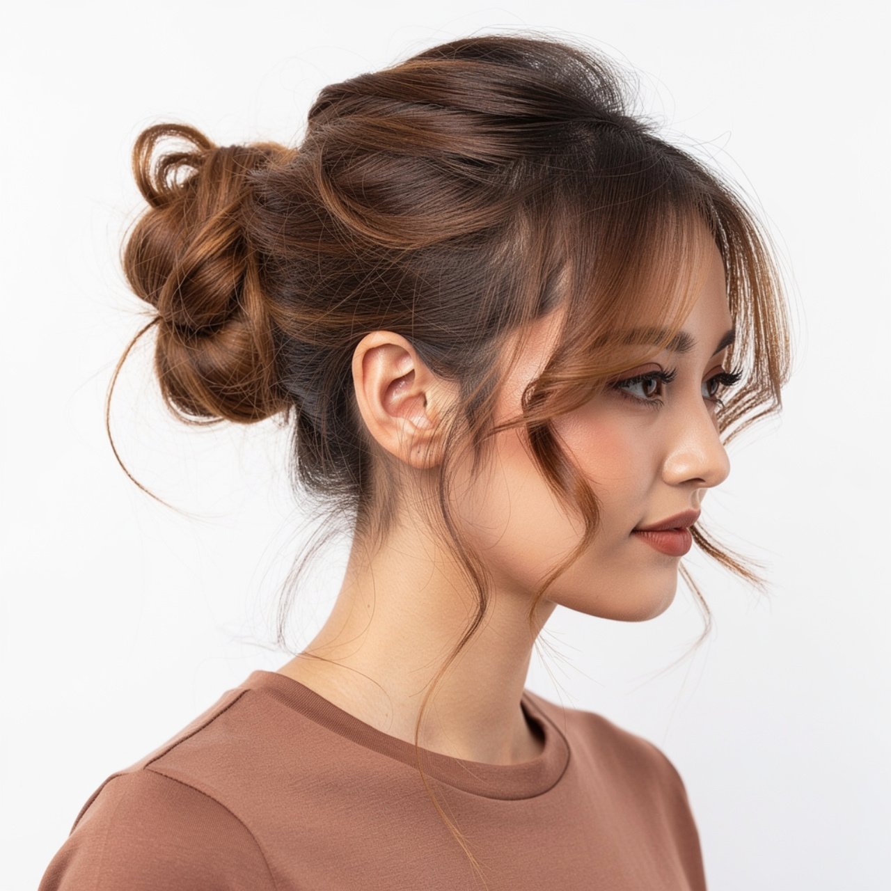 square portrait of a person with a messy low bun c