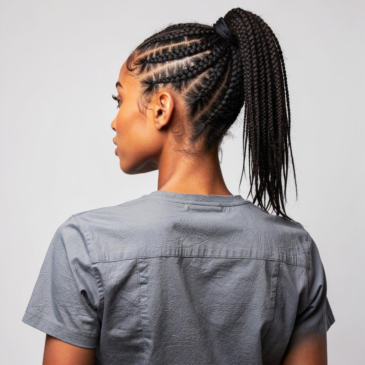 square portrait of a person with cornrow ponytail