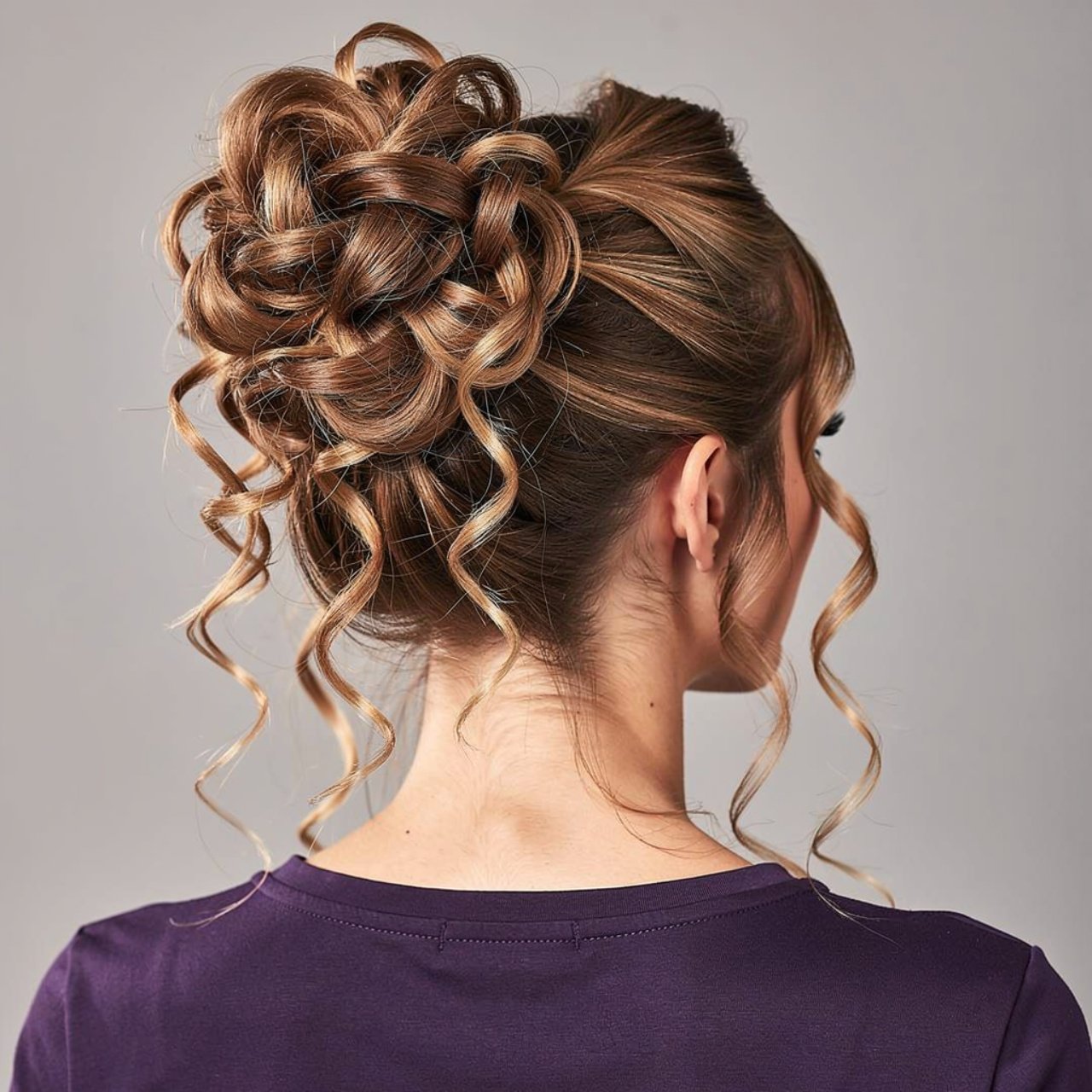 square portrait of a person with curly half up bun