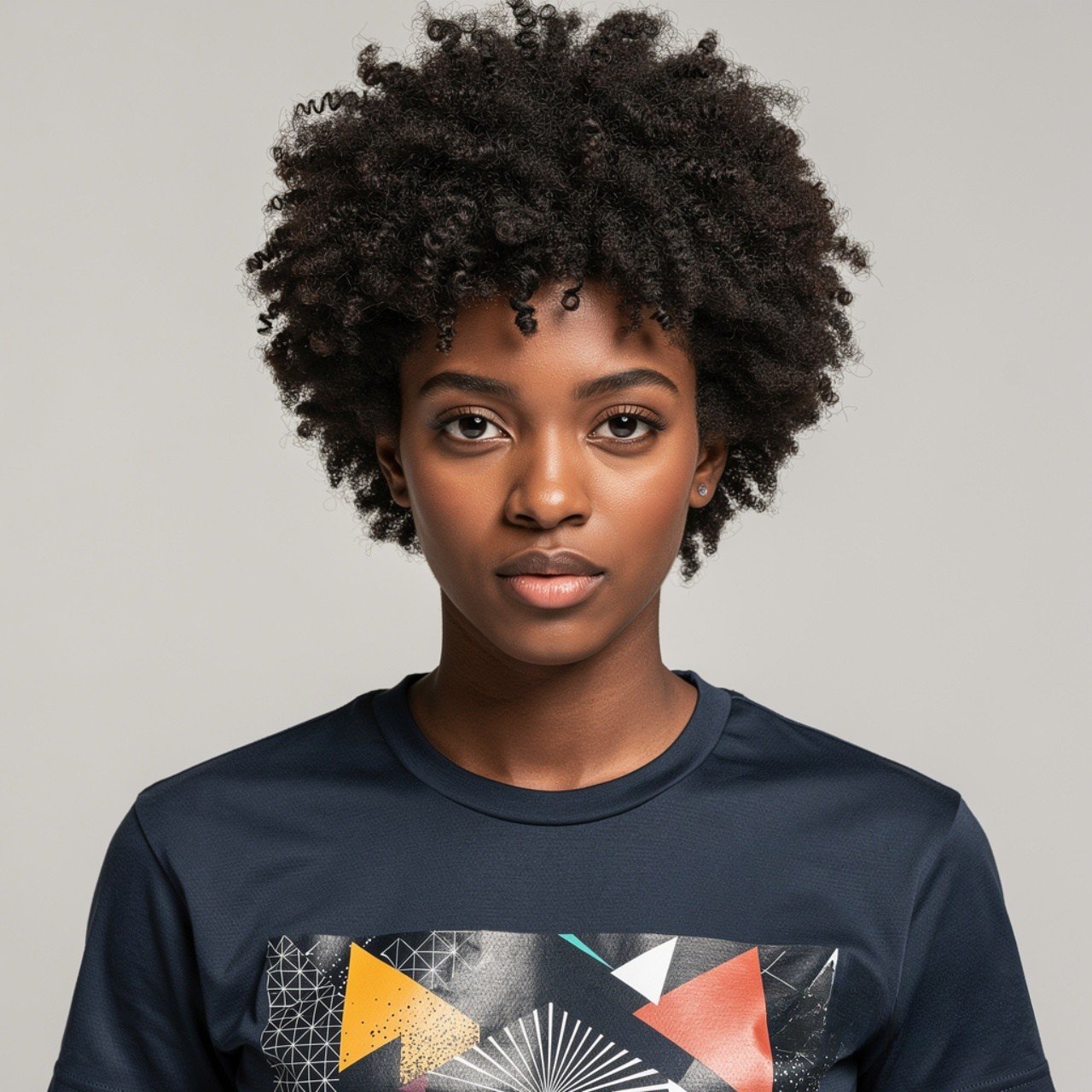 square portrait of a person with short afro natura