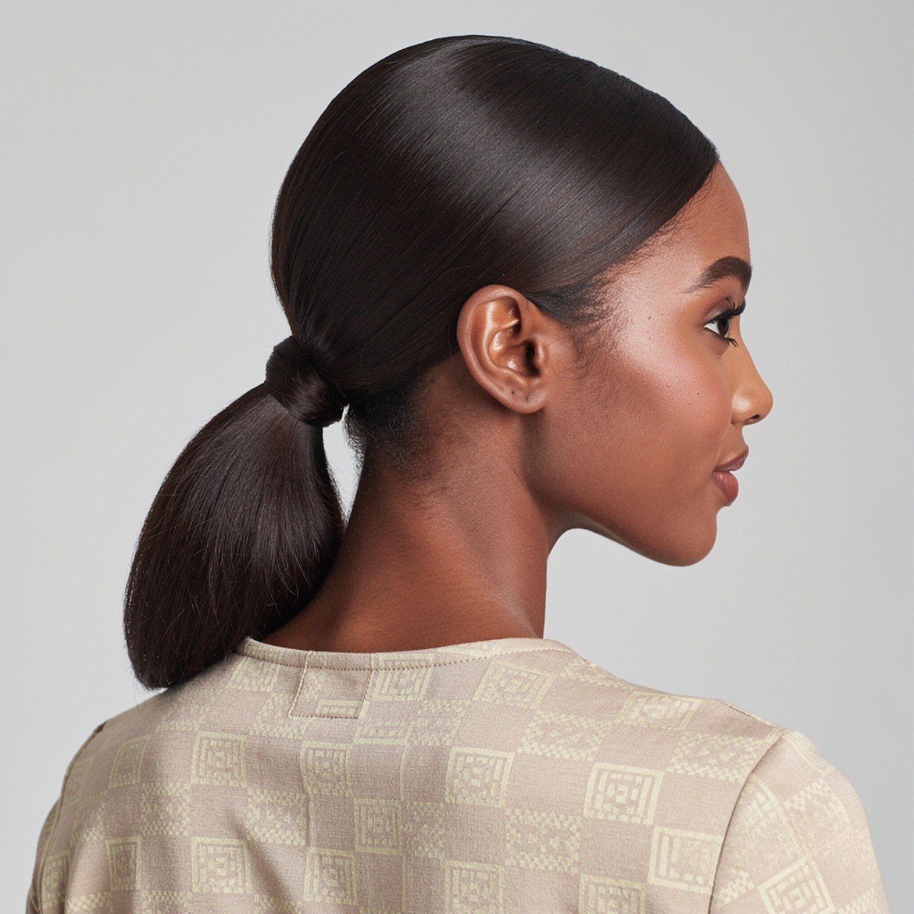 square portrait of a person with sleek low ponytai