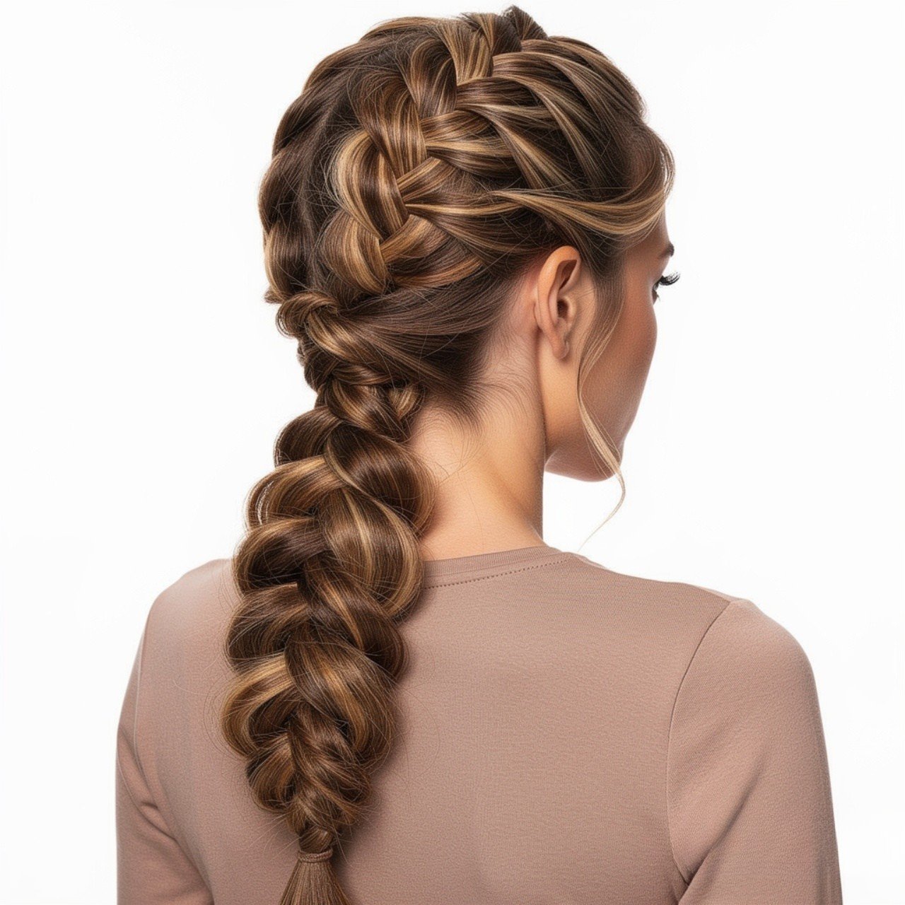 square portrait of a woman with a braided prom pon