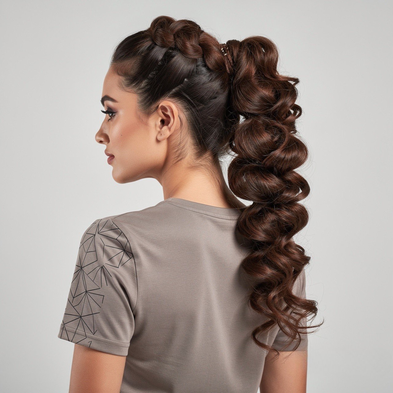 square portrait of a woman with a bubble braid pon