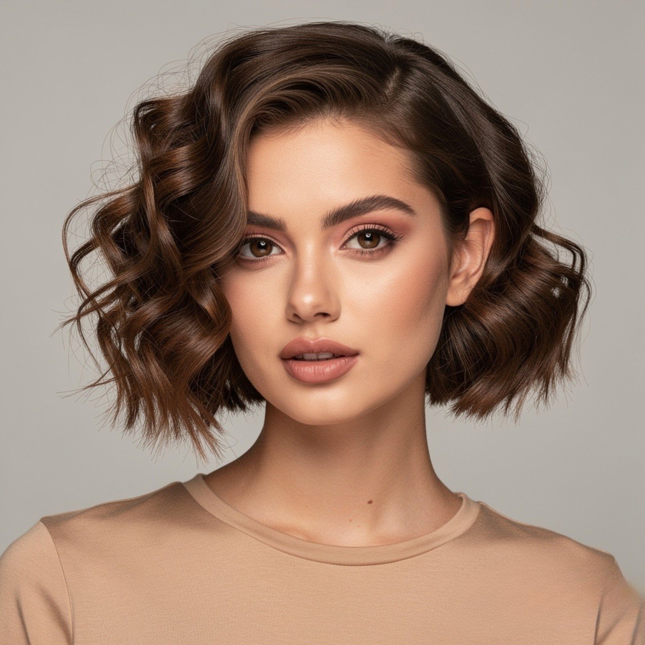 square portrait of a woman with a curled bob hairs