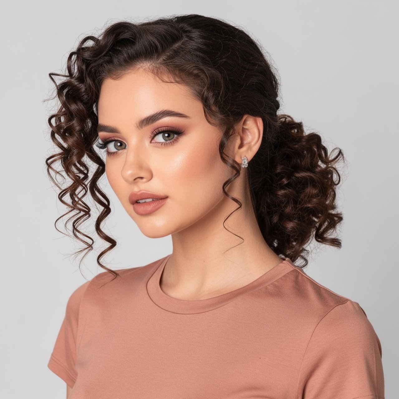 square portrait of a woman with a curly low ponyta