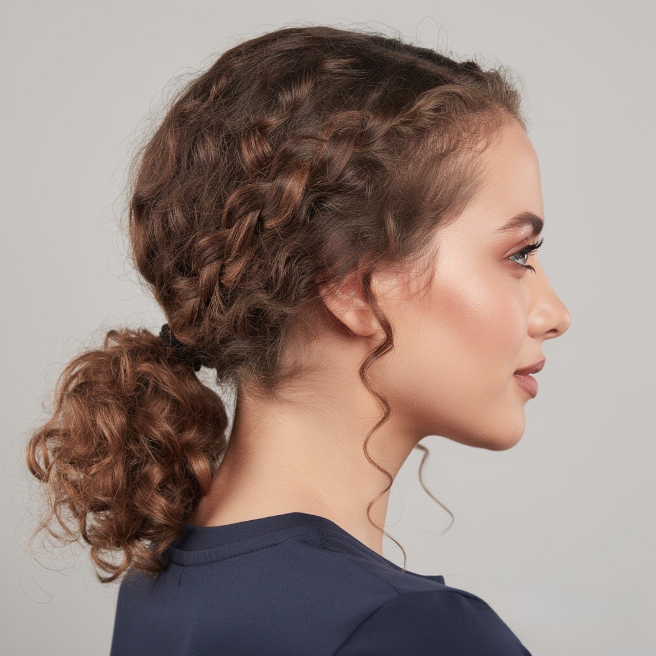 square portrait of a woman with a curly low side p