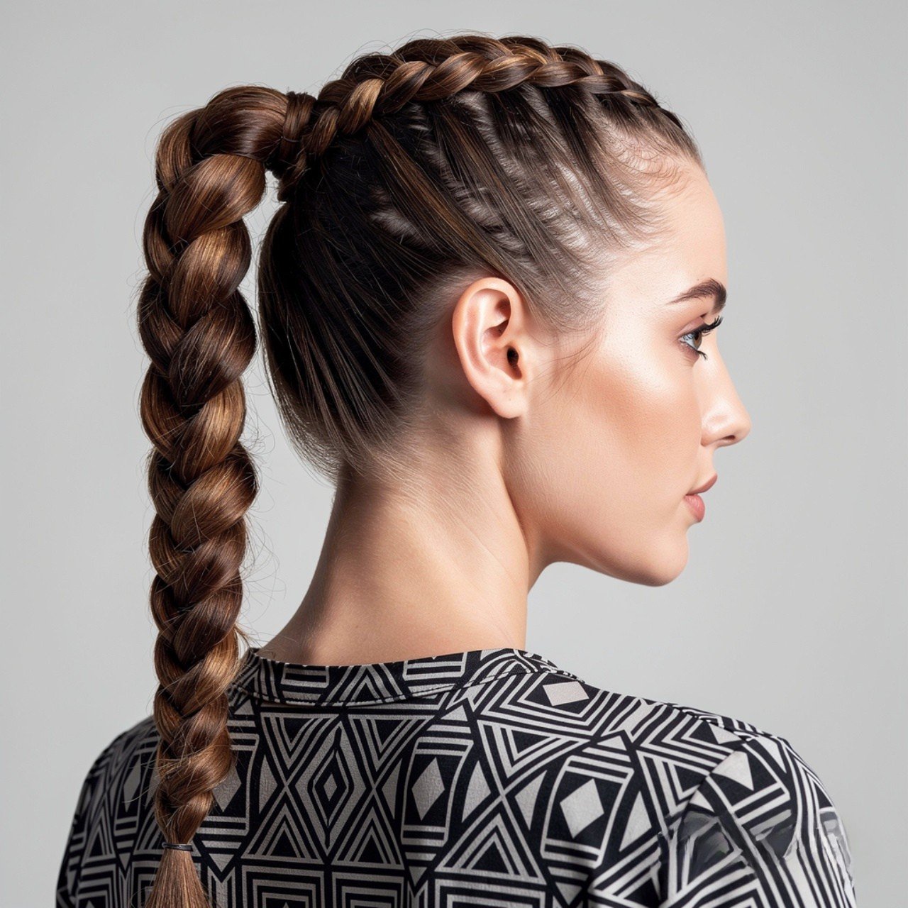 square portrait of a woman with a dutch braid pony