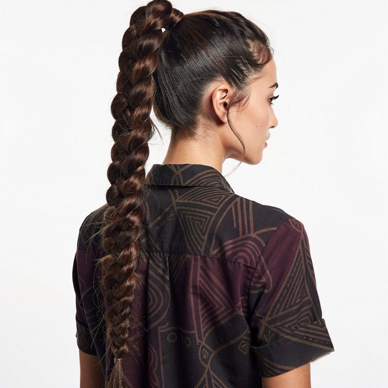 square portrait of a woman with a high braided lon