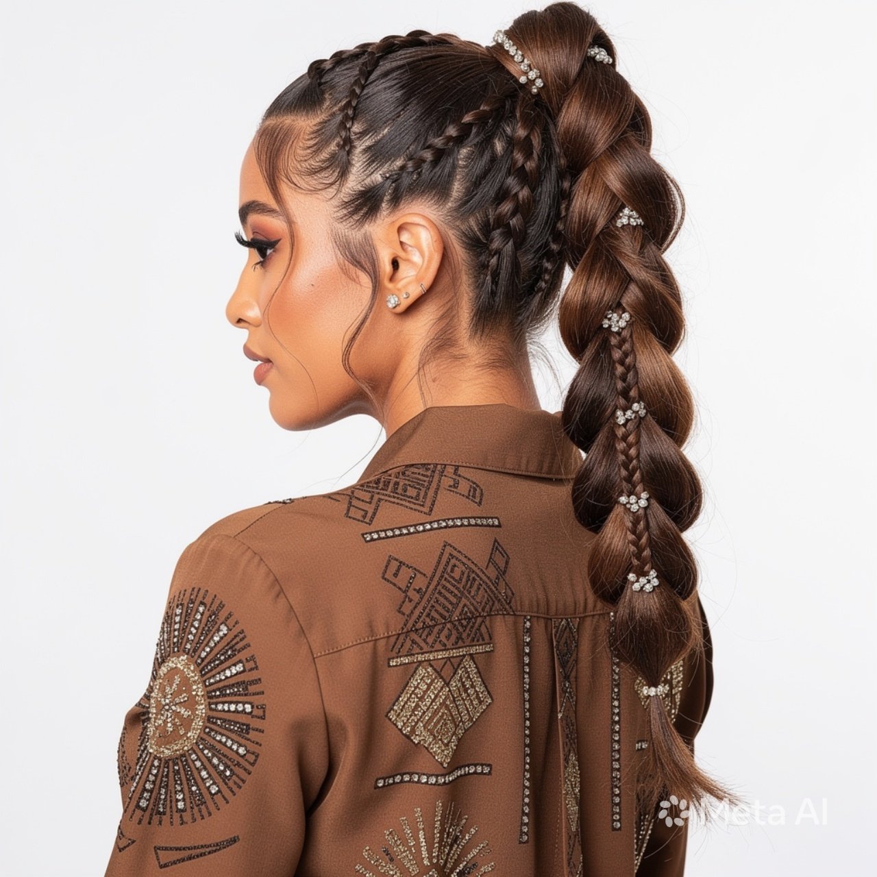 square portrait of a woman with a high braided pro