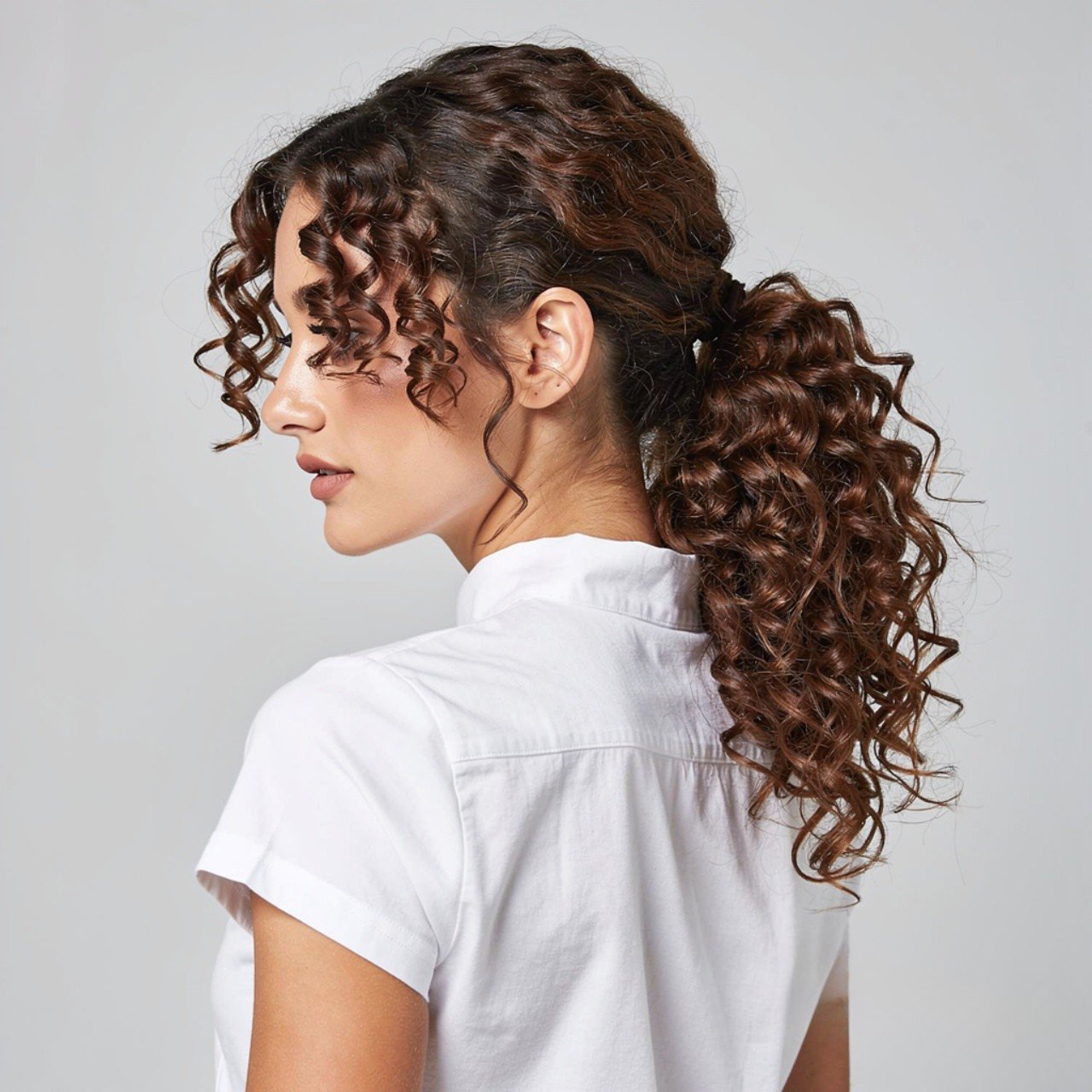 square portrait of a woman with a low curly ponyta