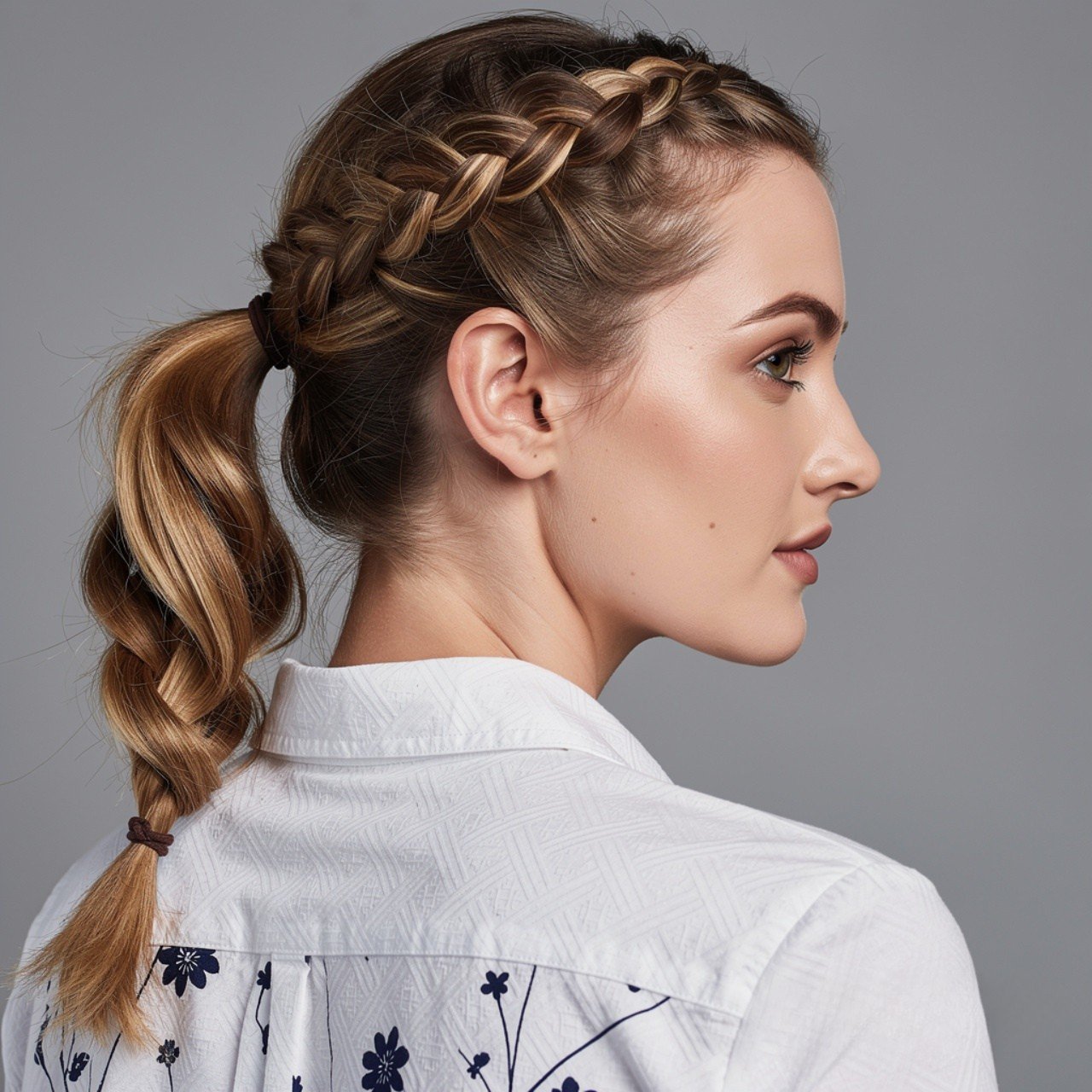 square portrait of a woman with a side braid ponyt