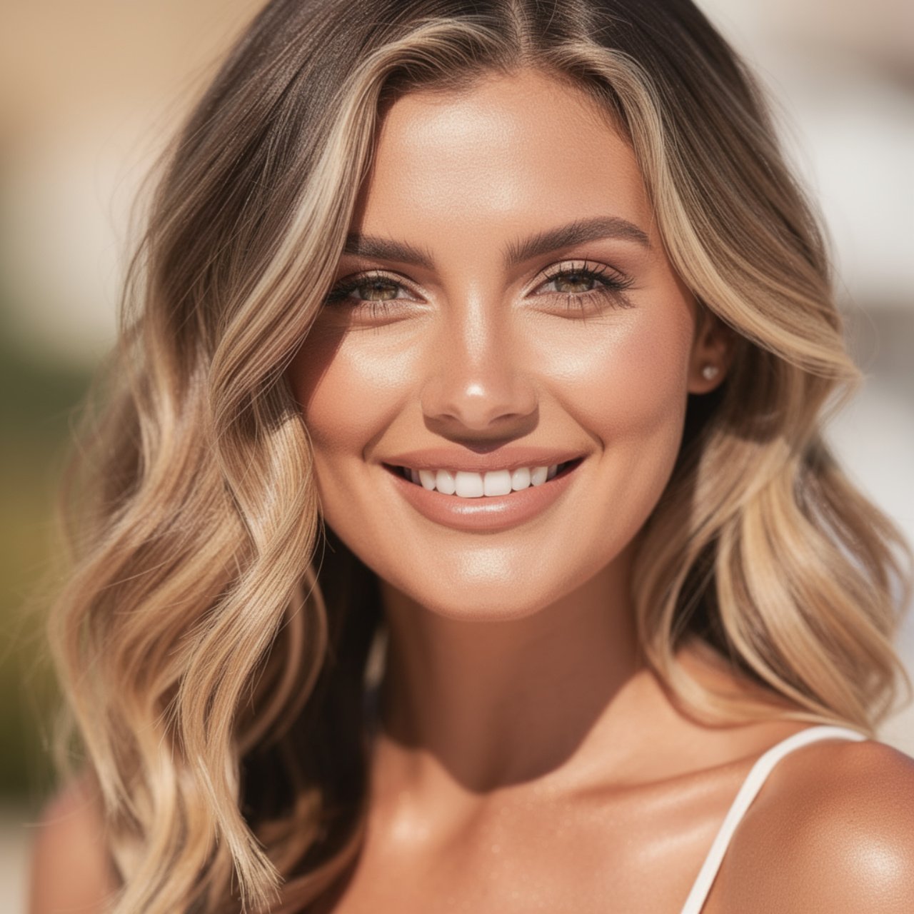 square portrait of a woman with beachy blonde high