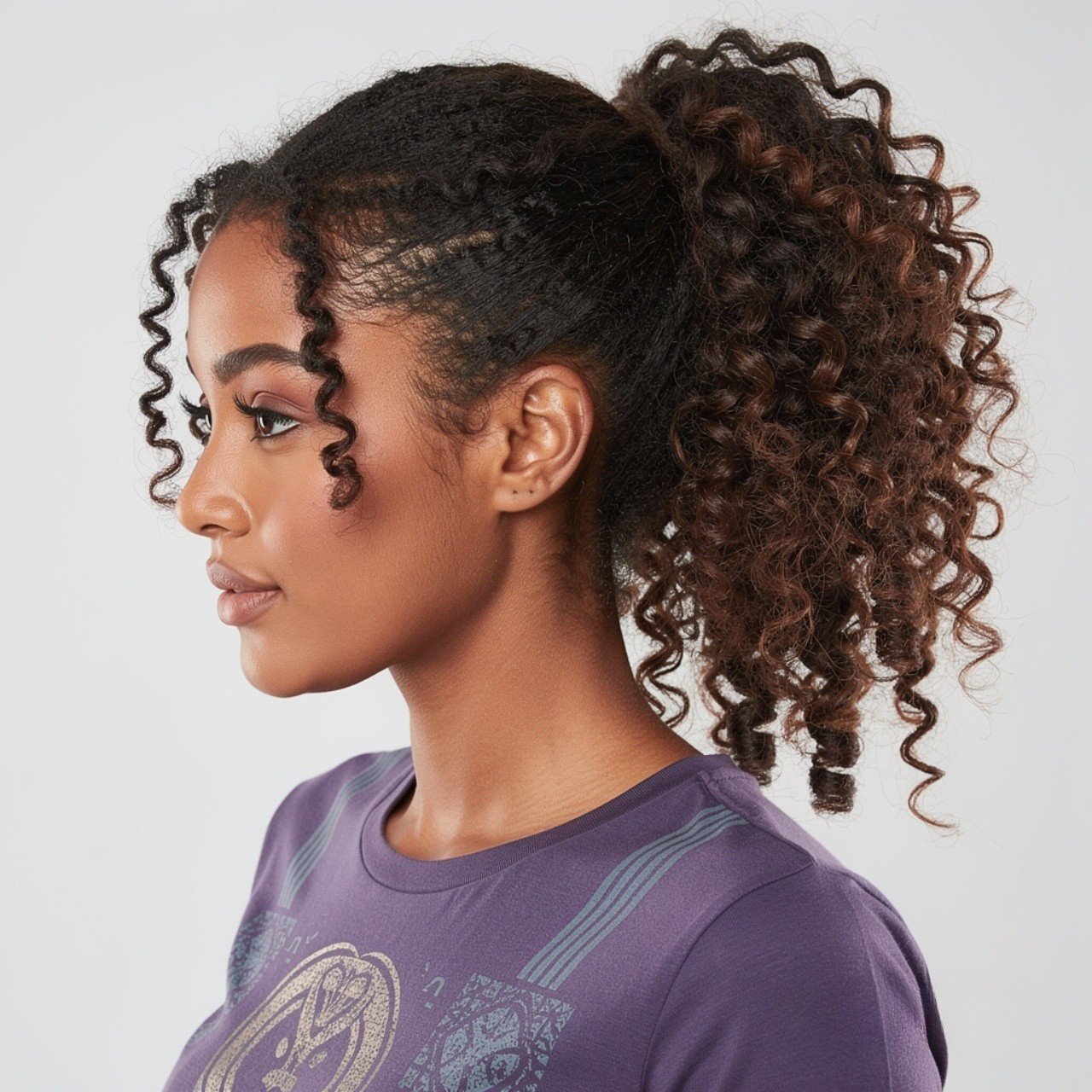 square portrait of a woman with curly ponytail hai