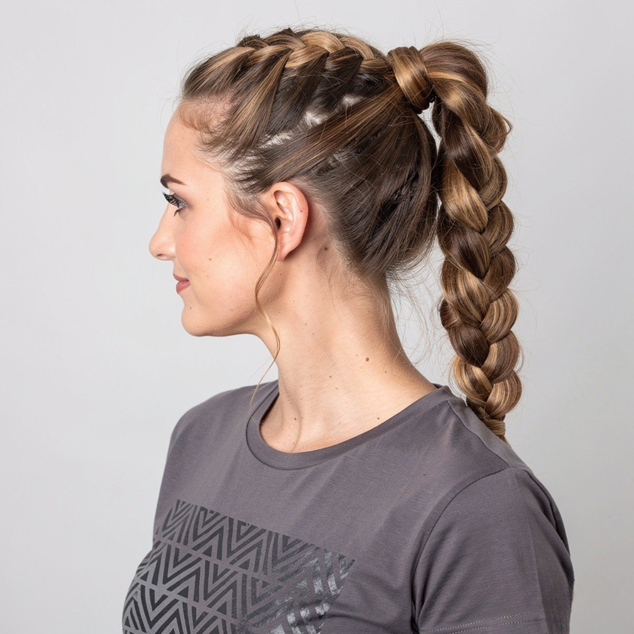 square portrait of a woman with dutch braid ponyta