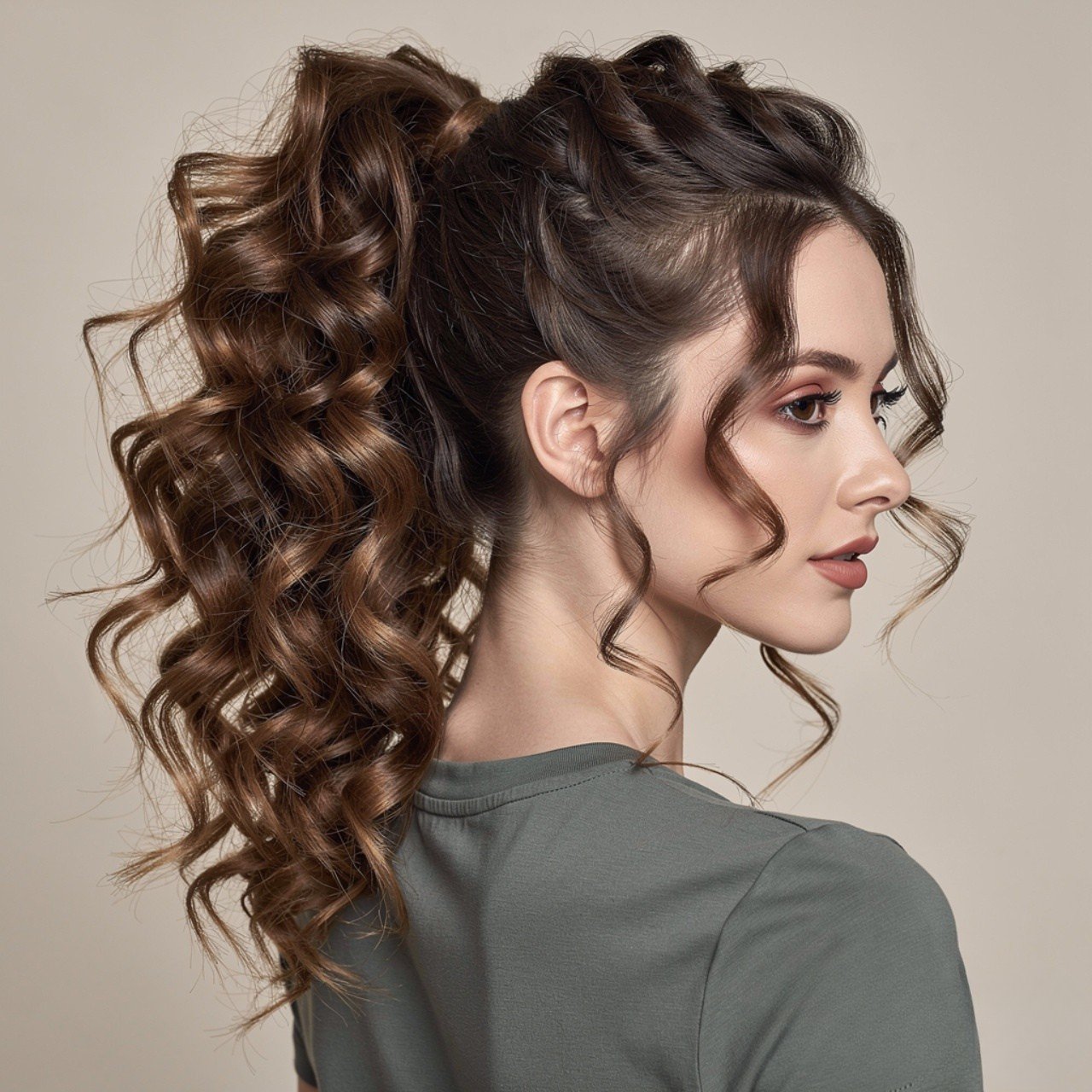 square portrait of a woman with half up curly pony