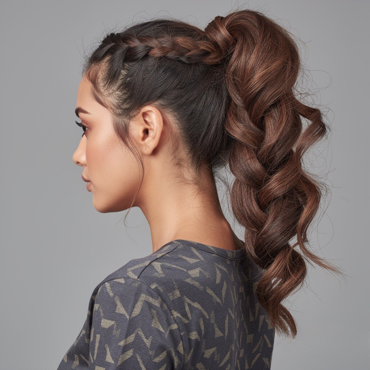 square portrait of a woman with layered braid pony