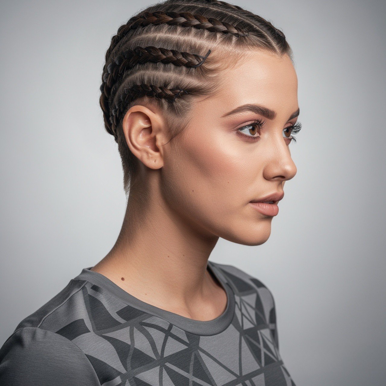 square portrait of a woman with short hair styled
