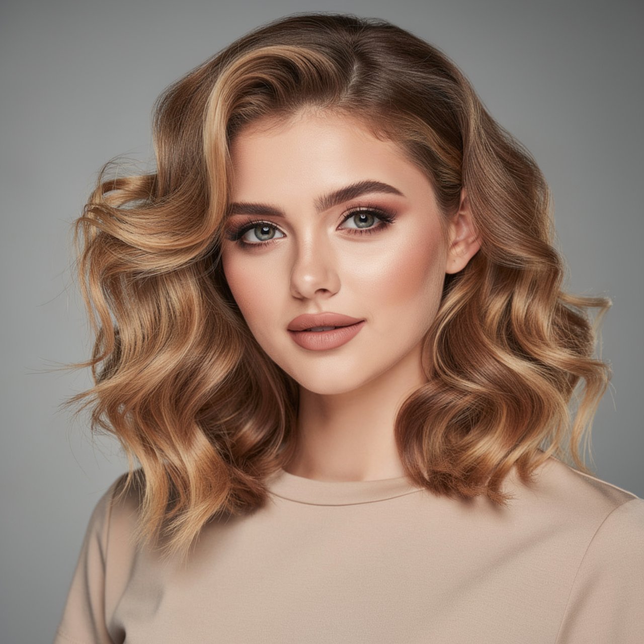 square portrait of a young woman with a wavy lob h