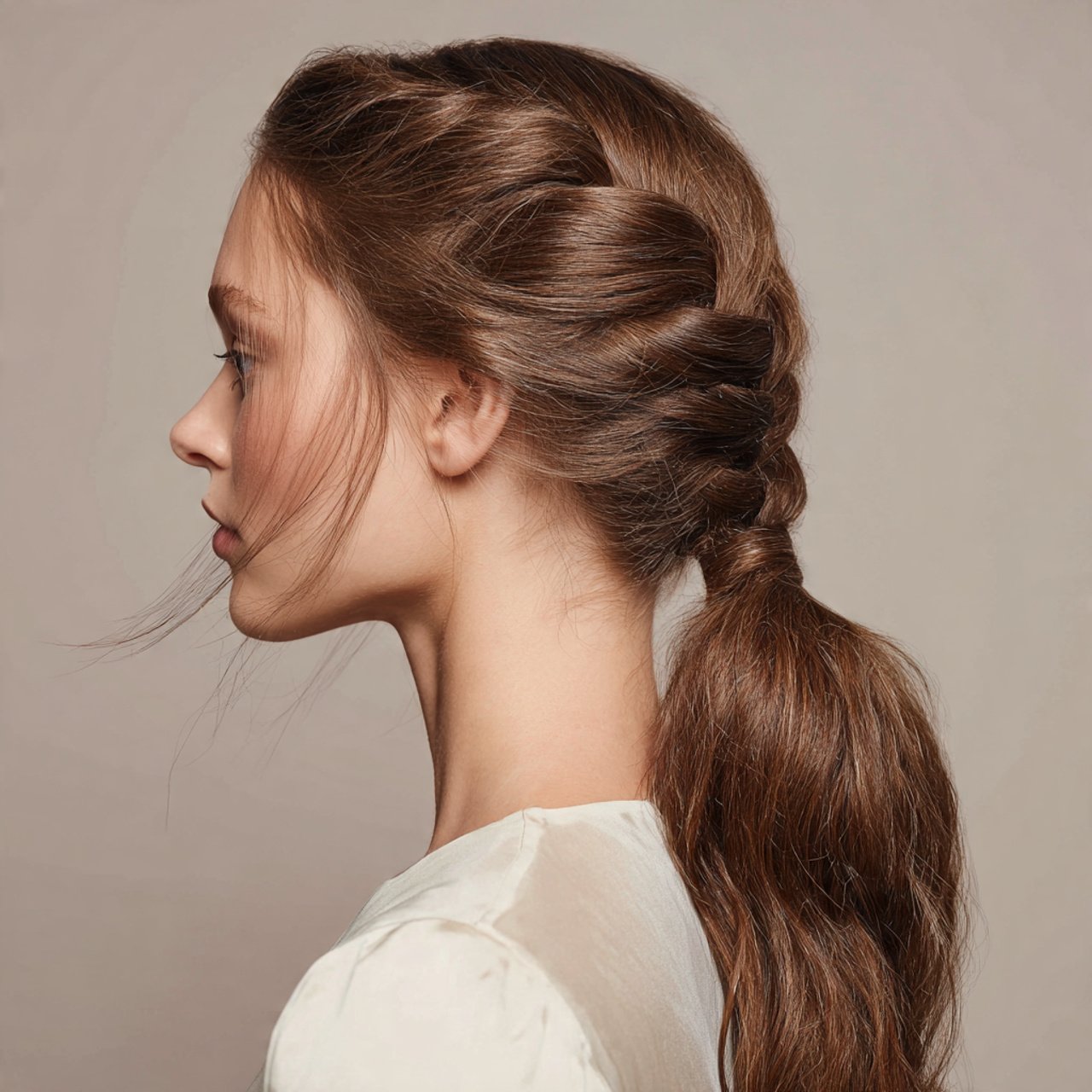 textured low ponytail hairstyle detailed hair