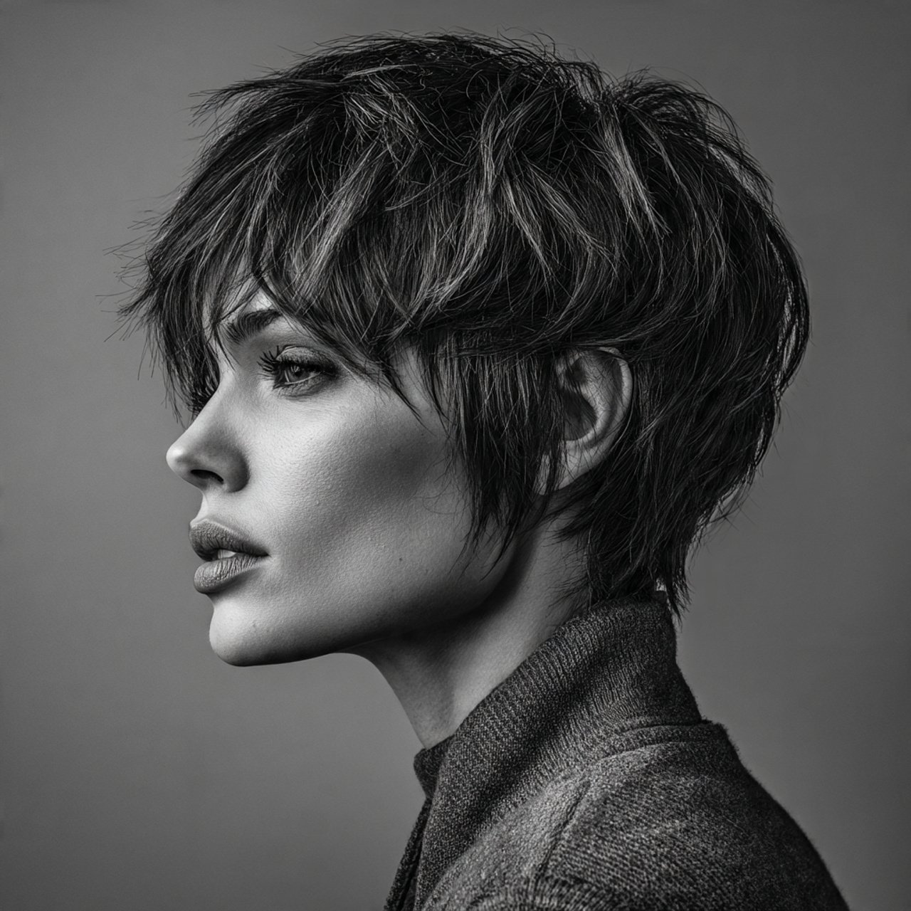 textured short wolf cut hairstyle single portrait
