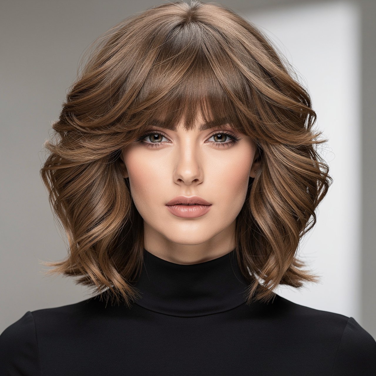 thick curtain bangs with heavy layers hairstyle wo