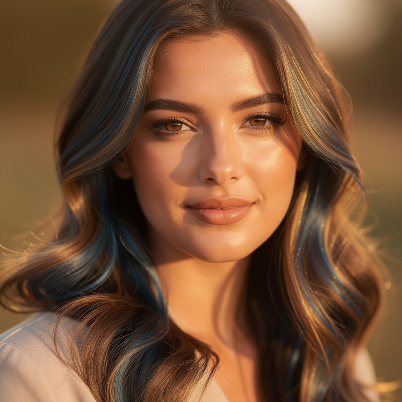 ultra realistic square photo of a woman with blue