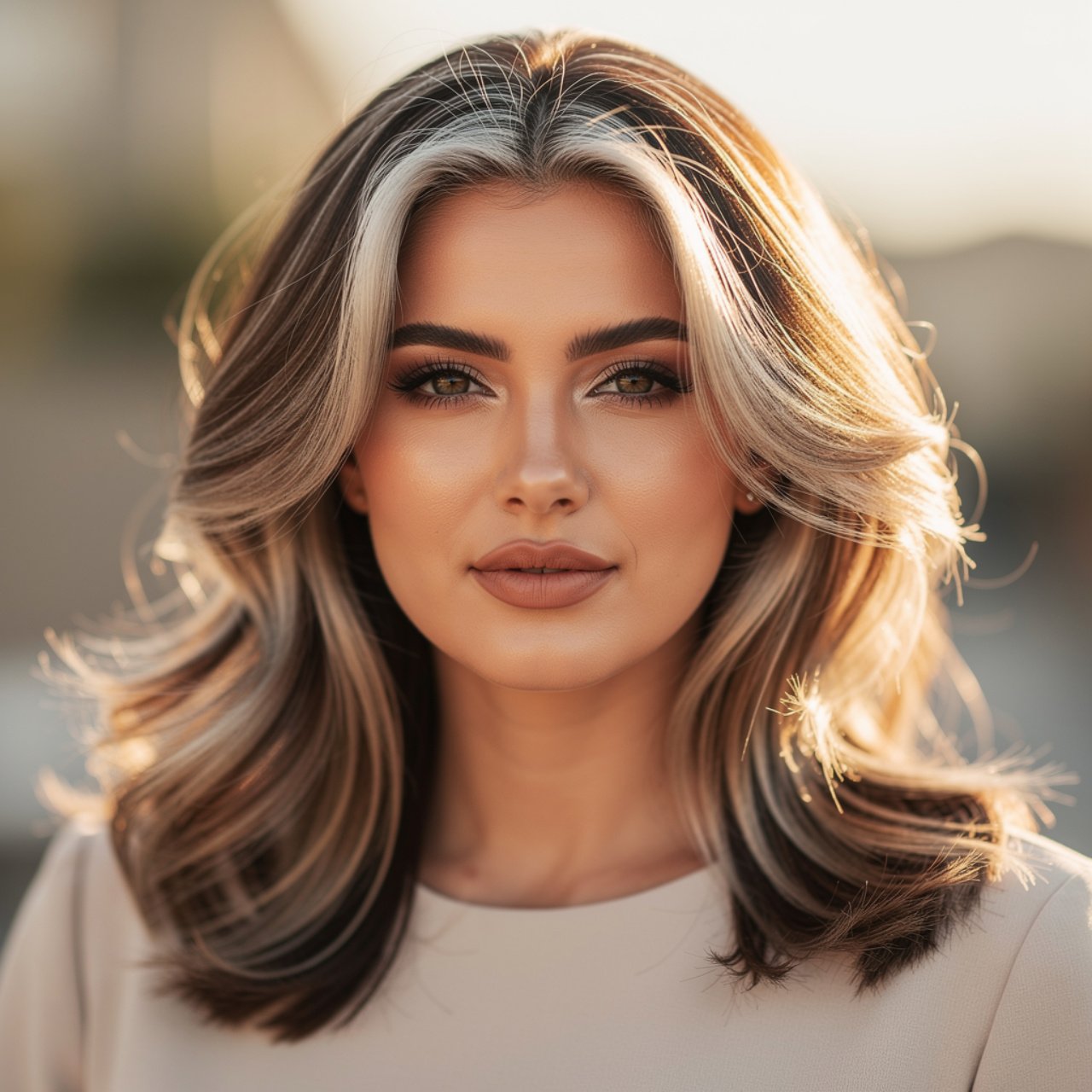 ultra realistic square photo of a woman with plati