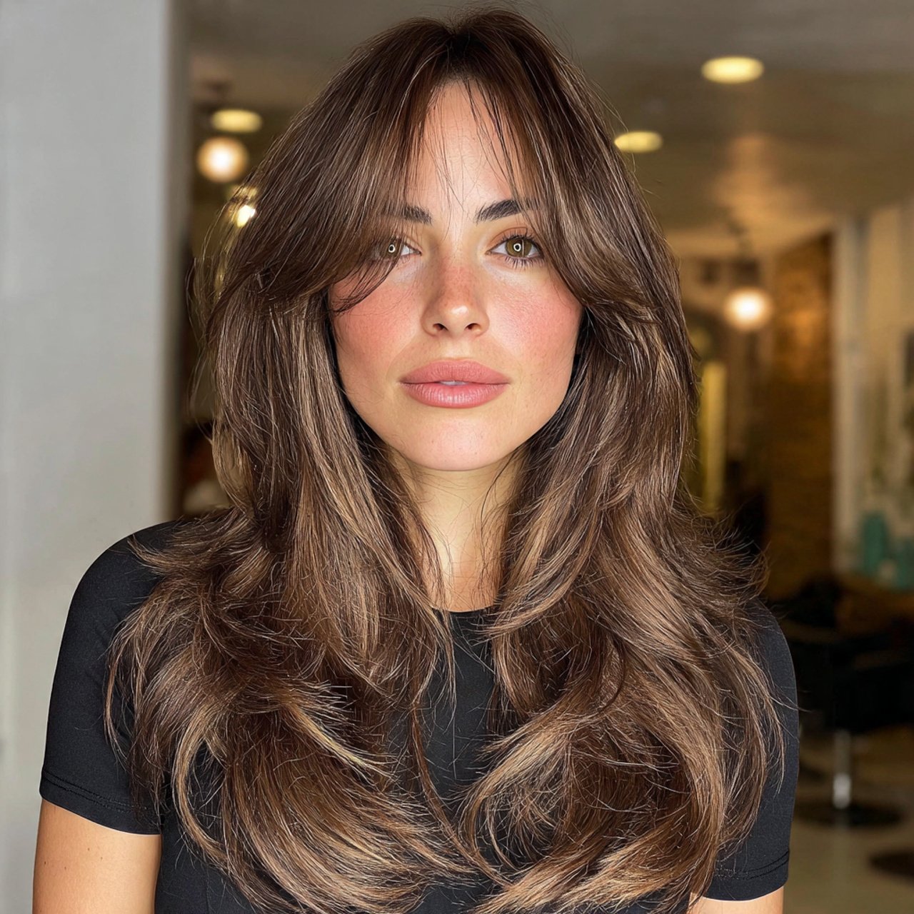 voluminous curtain bangs haircut on a woman full h