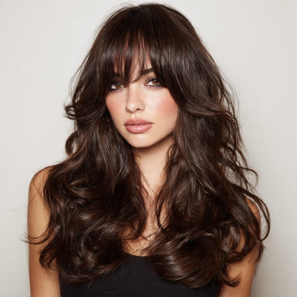 voluminous curtain bangs hairstyle thick full boun